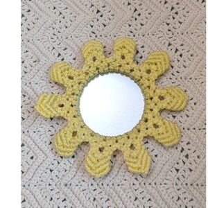 Handmade Yellow Crochet Sun Mirror Boho Wall Decor Sunburst Nursery Accent 10in
